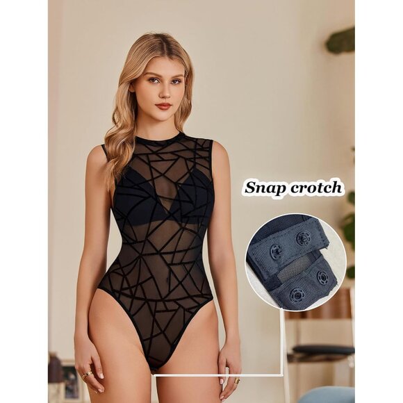 Women’s Sheer Mesh Bodysuit Sleeveless See-Through Top Going Out Casual - Picture 2 of 6